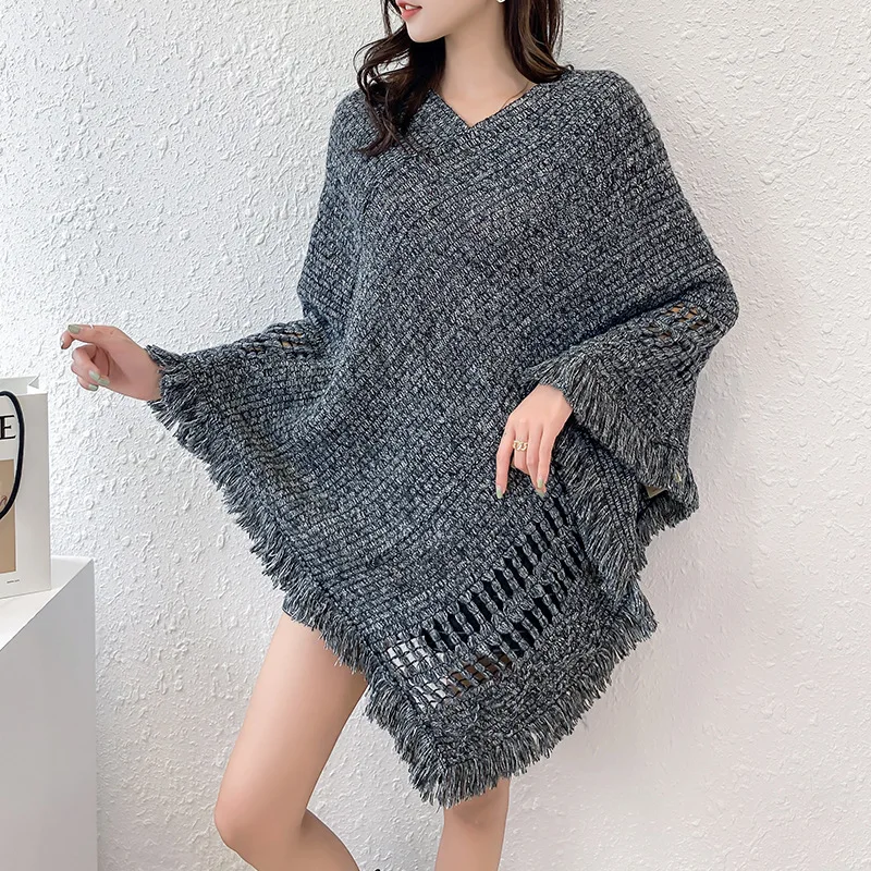 

Pullover Women Knitting Poncho Capes Autumn Female Bohemian Batwing Sleeve Cloak Tassel Winter Clothing