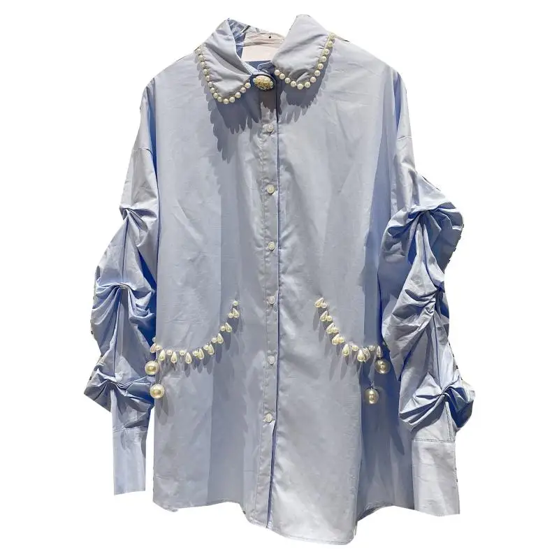 

2021 Spring New Large Pearl Beaded Heavy Industry Long Sleeve Shirt for Women Tops Ruffle Blue Loose Blouse Girls Casual Shirts