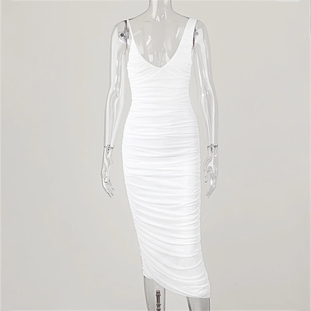 

New white mesh slim irregular dress ol pleated sleeveless sexy dress