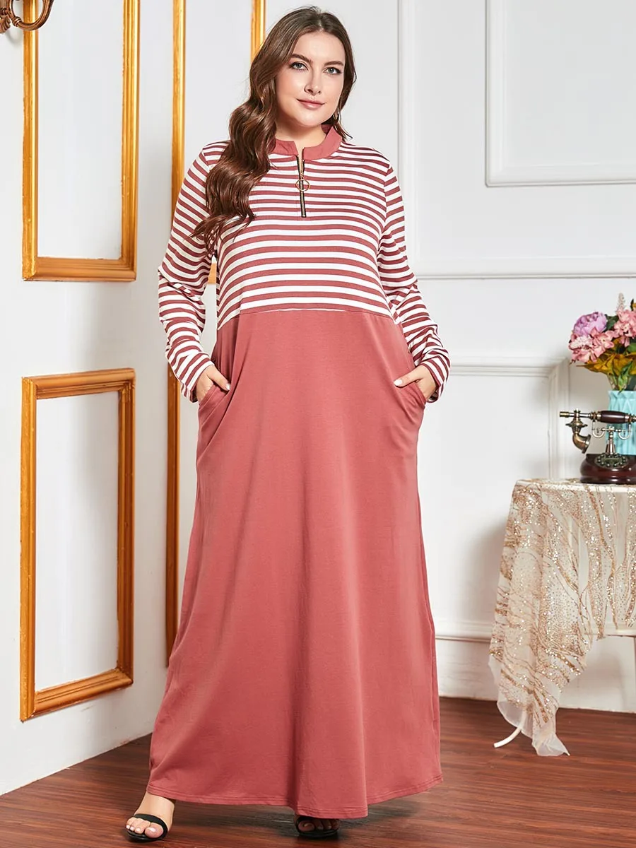 Muslim Fashion Hooded Tracksuit Long Dress Women Navy Stripe Sleeve Pocket Arab Maxi Turkey Sports Islamic Clothing | Женская одежда
