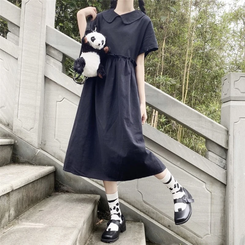 

YBYR Lolita Short Sleeve Dress Women Peter Pan Collar Calf-length Solid Pleated Dresses Japanese Sweet Girls Female Stylish