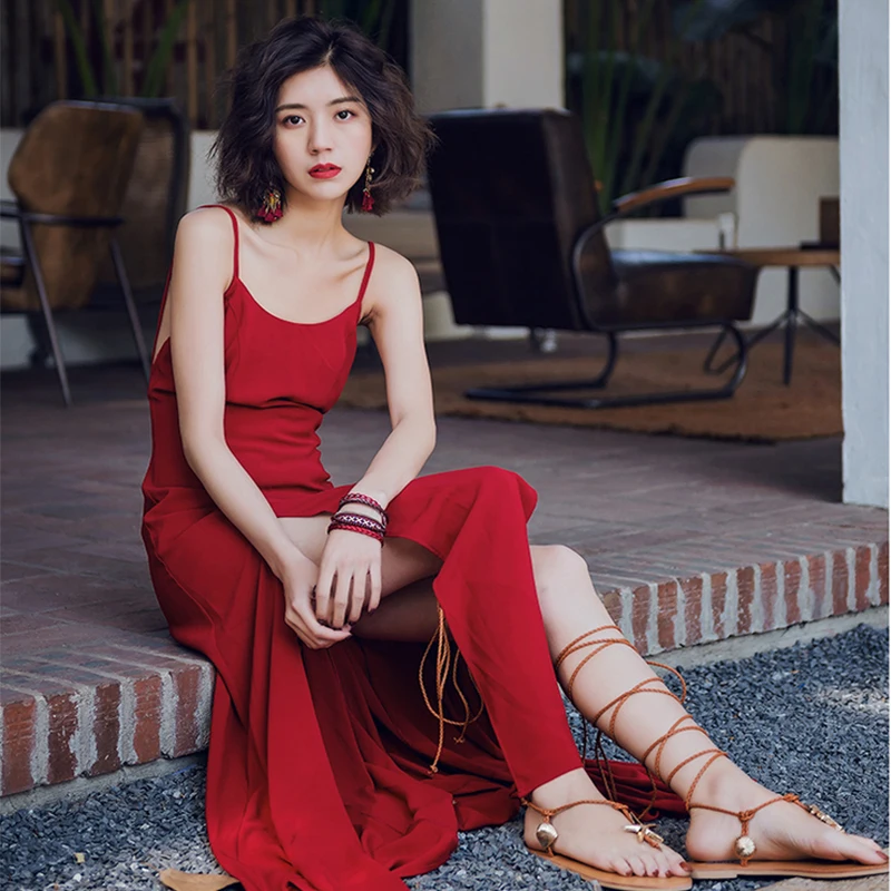 

WEIHAOBANG 2021 Backless Retro Red Split Beach Style Women Suspender Dress Elegant Ankle-Length Strapless Summer Red Full Dress