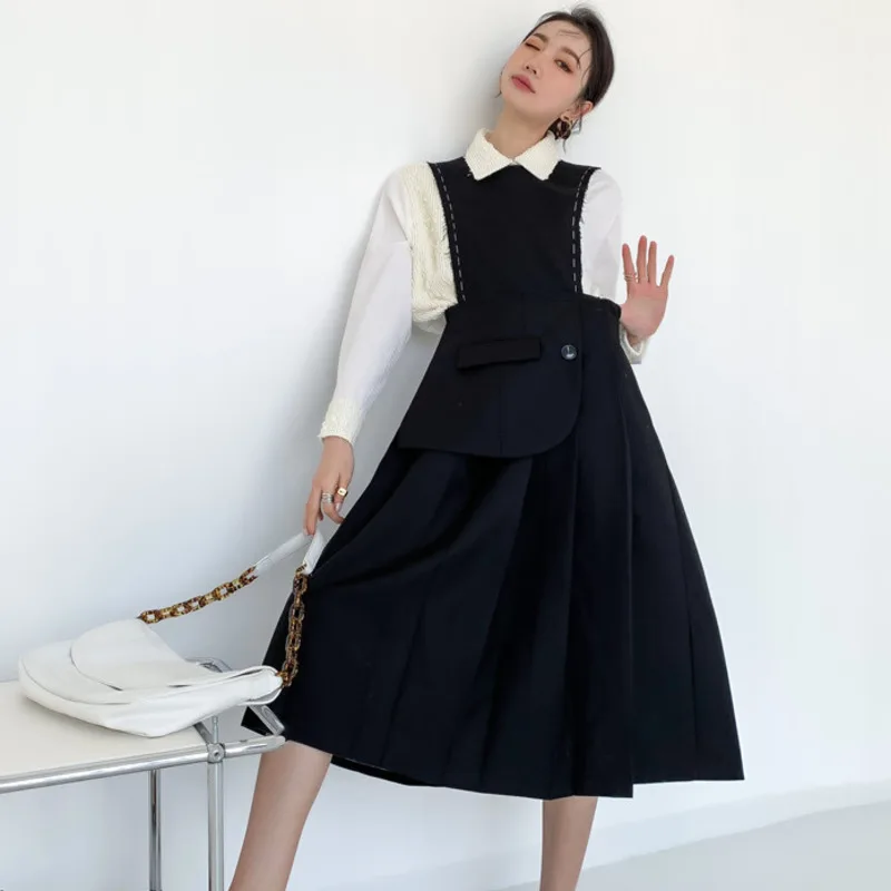 

Vintage Dress Black Color Elegant Women's Sleeveless Vest Dresses with Pockets 2022 Spring Female Fashion Clothes E166