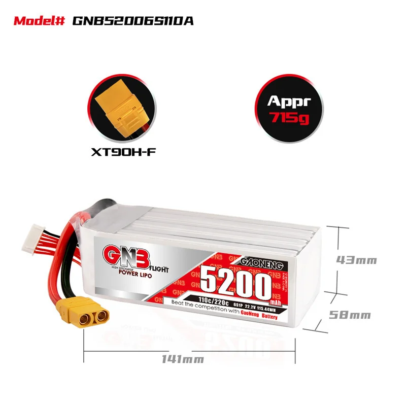 

Original Gaoneng GNB 6S 22.2V RC LiPo Battery 5200mAh 110C MAX 220C For RC Quadrotor Airplane FPV Racing Drone Parts
