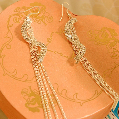 Women's Fashion S-Shape Long Tassels Rhinestone Hook Dangle Linear Earrings | Украшения и аксессуары