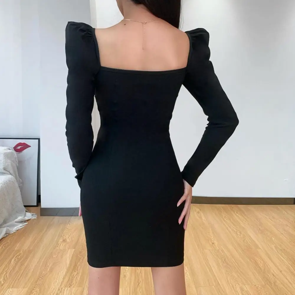 

2021 Bodycon Mini Dress Women Sexy Solid Color Square Neck Long Sleeve Chest Knot Club Dress