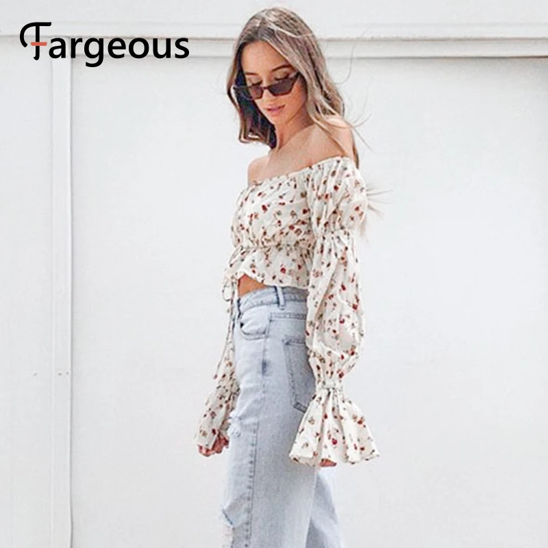 Женские блузки с открытыми плечами Fargeous Осенние укороченные Блузы цветочным