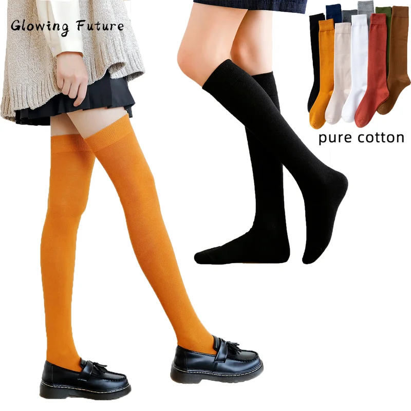 

Woman Thigh High Stockings Cotton Fashion Casual Black White Solid Long Socks Cute Sexy Autumn Winter Warm Over The Knee носки