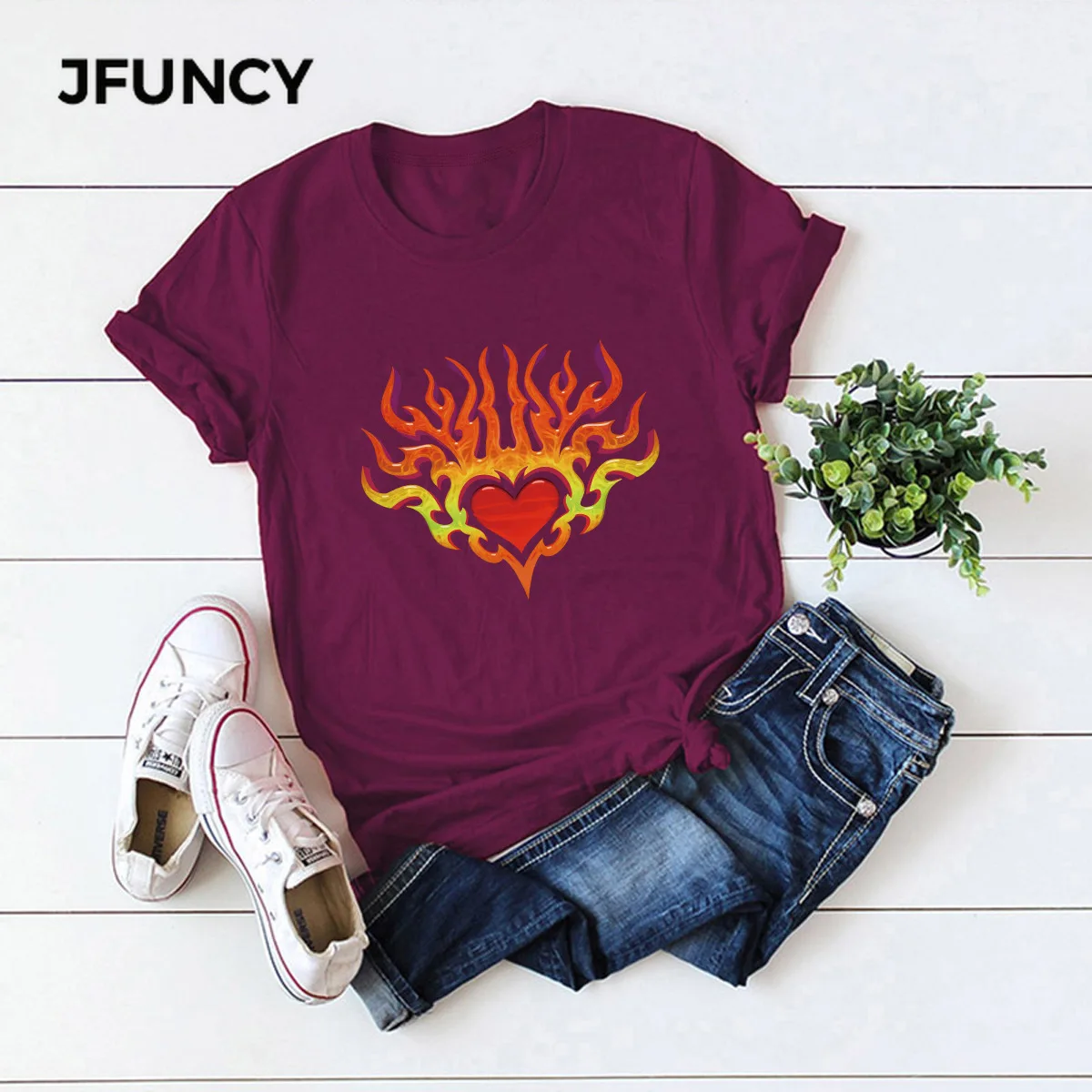 JFUNCY  Women Tops Flame Print Casual Woman Cotton T-shirt Summer Female Tee Shirt Oversize Short Sleeve Lady Tshirt