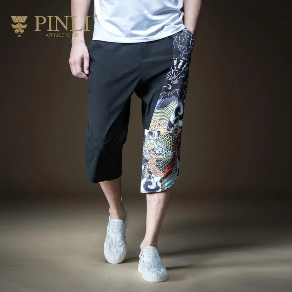 

Pinli 2020 Summer New Slim Straight Panel Printed Chinese style Unique design Casual men's Capri pants High quality B202117352