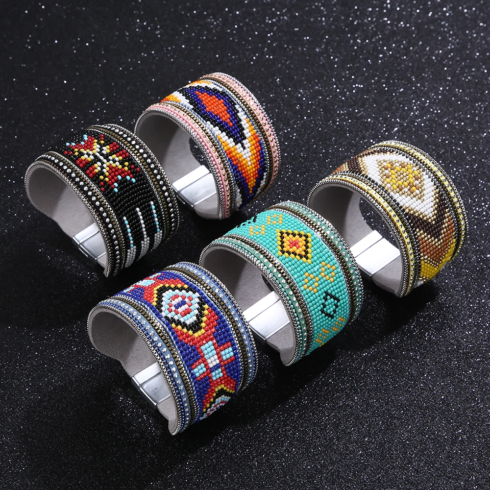 Женский кожаный браслет HEYI с разноцветными бусинами и геометрическим узором в