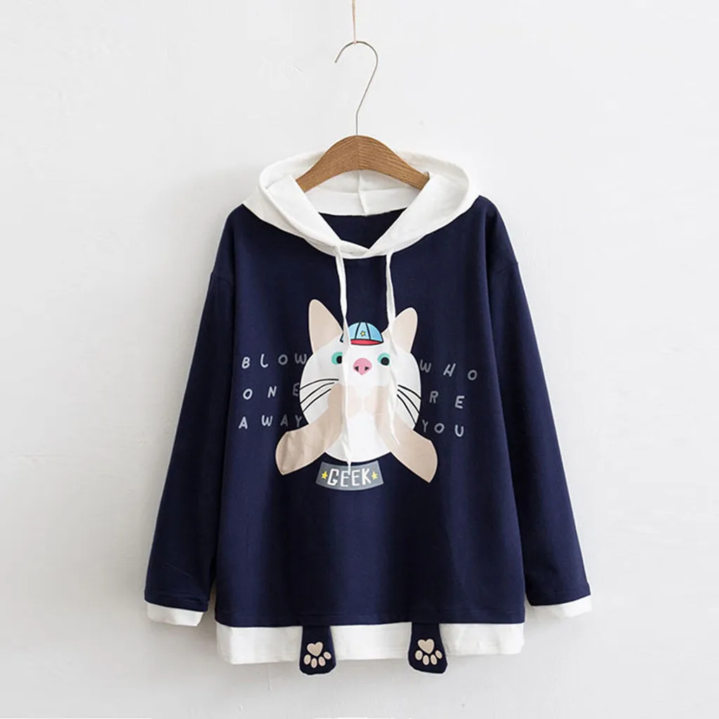 Женский свитер с капюшоном и принтом в виде кота из страуса популярный длинными