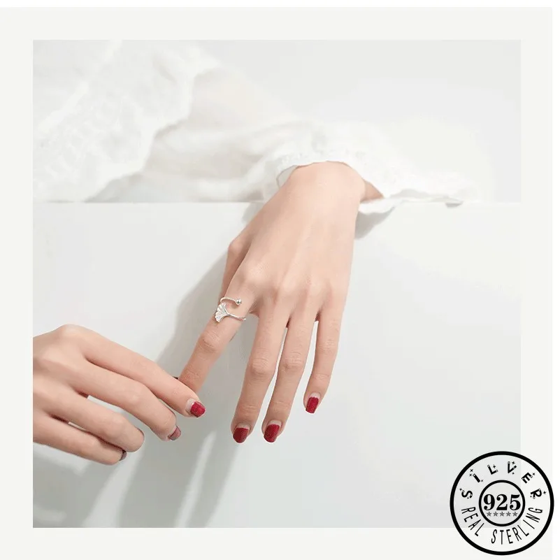 

Girls 925 Sterling Silver Statement Ginkgo Leaf Shape Wedding Bands Adjustable Open Finger Knuckle Party Rings for Women