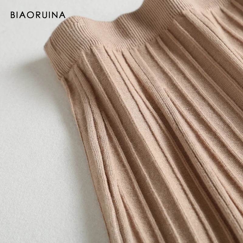 BIAORUINA Женская однотонная Модная трикотажная плиссированная юбка Женская эластичная высокая талия универсальная Толстая Офисная Женская юбка сохраняющая тепло юбки