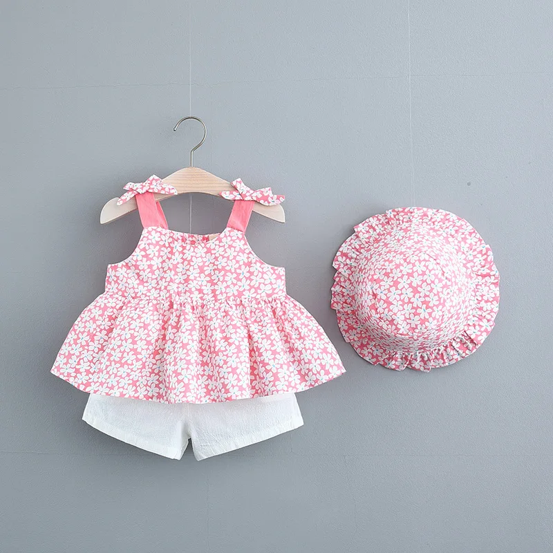 

Keelorn Baby Girl Clothes Sets Summer Kids Baby Floral Sling Tops And Shorts Outfits With Hats Cute Infant Korean Style Suits