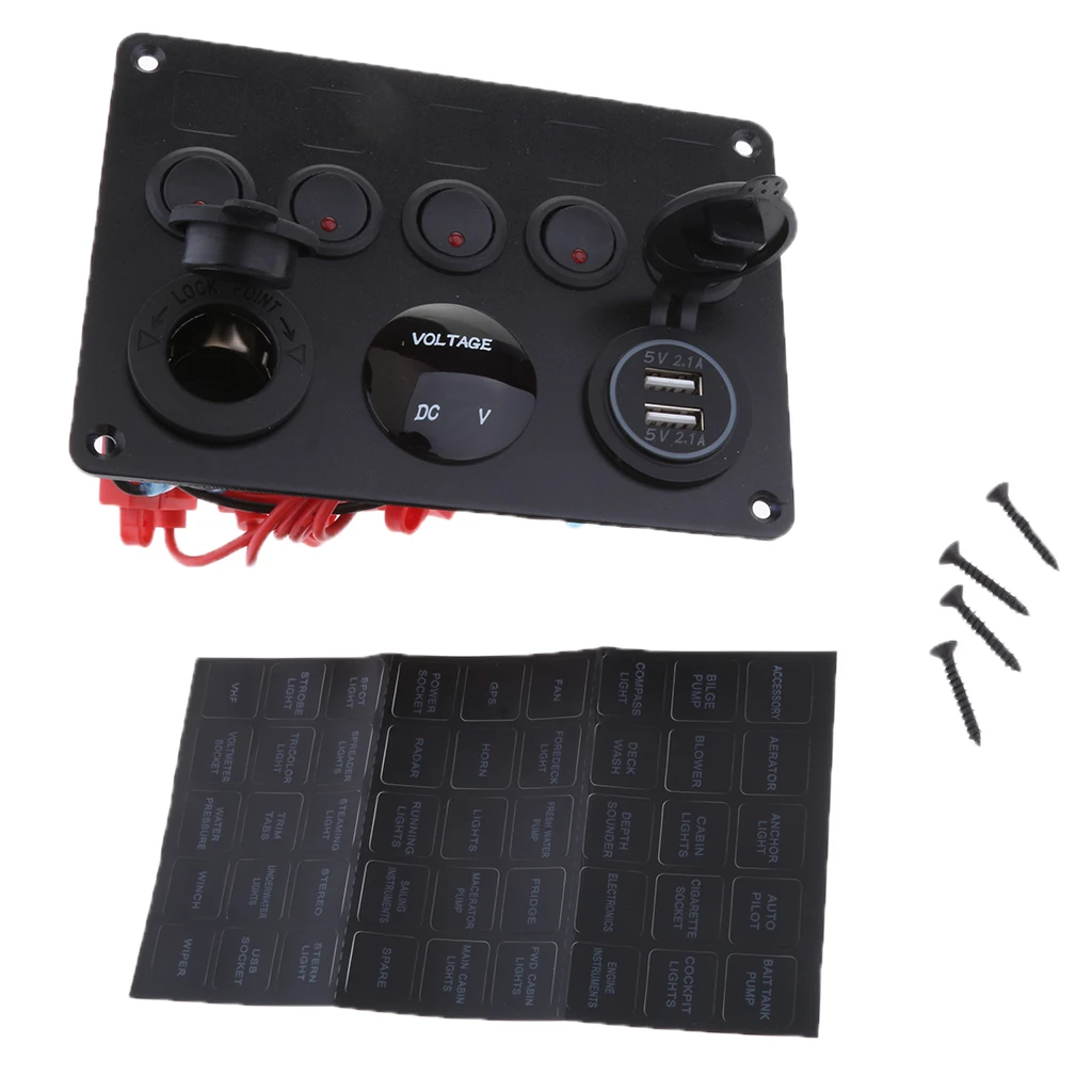 

Red LED Dual USB Port Charger Voltmeter 5 Gang Toggle Switch Panel
