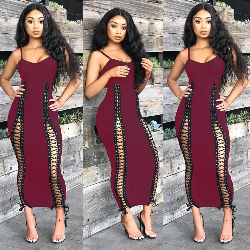 

Sexy Women Summer Dress Spaghetti Strape Lacing Up Hollow Out Bodycon Long Dress Night Club Party Dress Vestidos