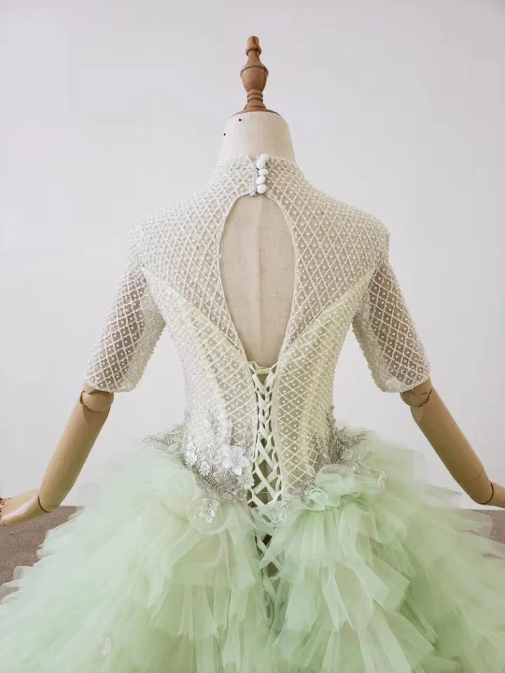 Gorgeous Ball Gown 2020 New Prom Dresses 3/4 Sleevees Appliques Layers Tulle Engagement Formal Dress Bride Party Gowns Custom