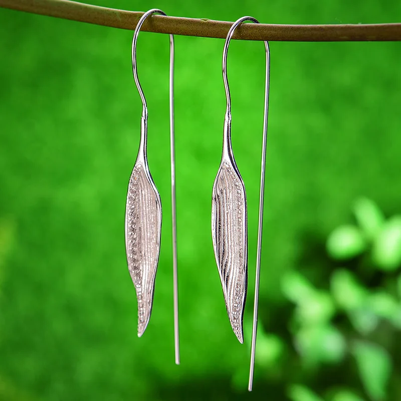 

bamboo leaf 925 sterling Silver Women's Earrings Natural Handmade Designer Fine Jewelry for girl Gift