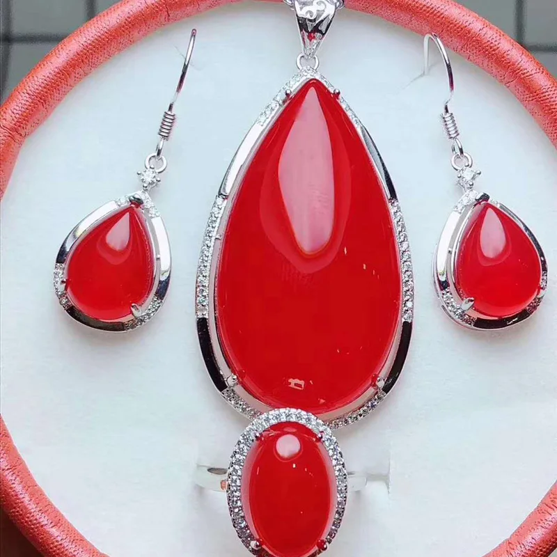 

YU XIN YUAN FINE JEWELRY NATURAL 925 SILVER RED JADE MEDULLARY RING PENDANT EARRINGS JEWELRY SETS WOMEN PARTY JEWELRY