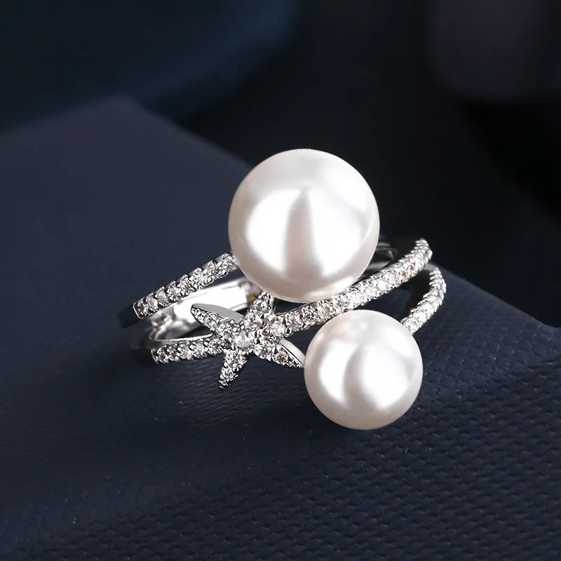 

7Rings Classic Trendy Two Pearl Diamond Silver Star Rings for Women Luxury Jewelry Accessories for Women Rings for Party