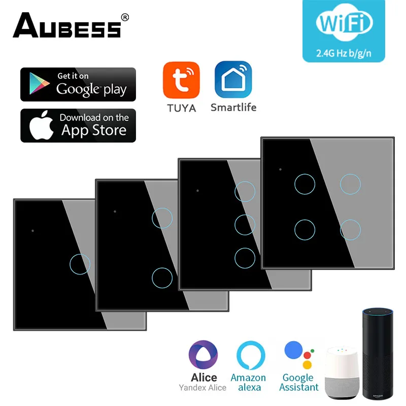 

Умный выключатель Aubess, настенный сенсорный выключатель с Wi-Fi, евро стандарт, 1-4 клавиши, работает с Alexa Google Home