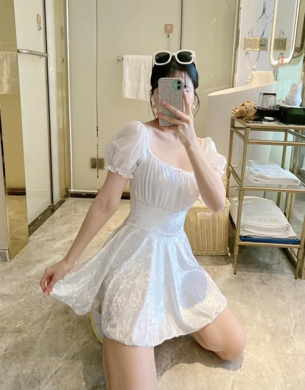 

Swimsuit Women One-Piece Bubble Sleeve Swimwear Female Swimming Suit Beachwear Japanese Korean With Skirt Backless Swimsuit