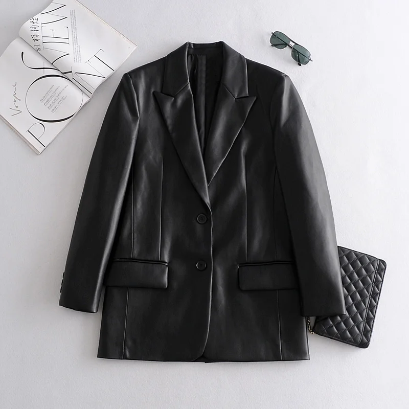 

2021 Long PU Faux Leather Blazers Women Leather Jacket Coat Brand New Women's Jackets Outerwear Ladies Coats Female Leather Suit