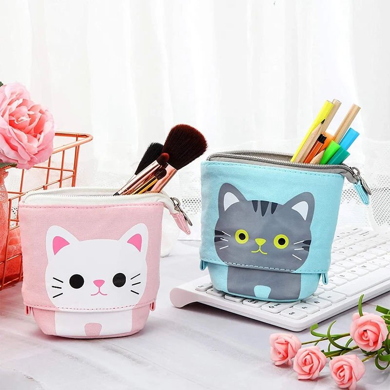 

2 Pcs Stand Up Telescopic Pencil Holder Transformer Box Cartoon Stationery Pouch Bag for Students (Gray and White Cat)