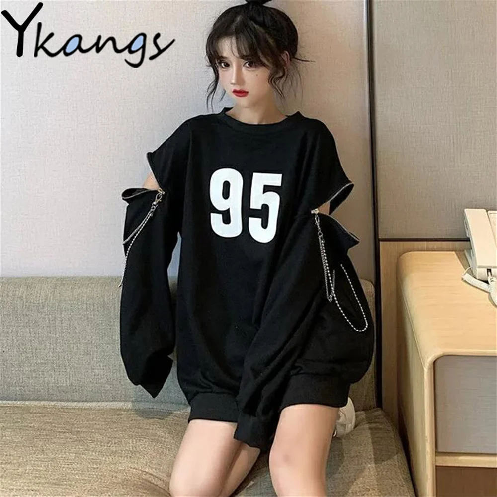 

Gothic Design Zipper Long Sleeve Black Sweater Harajuku Women Digital Printing Tops Korean Style Spring Autumn Chain Streetwear