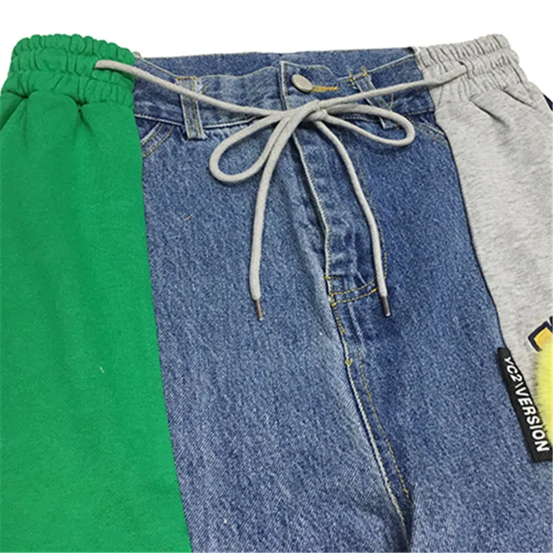 High waist Straight Pants Women Embroidered Plush smiley patch Fashion Denim Spliced Sweatpants Casual Joggers Long Trousers