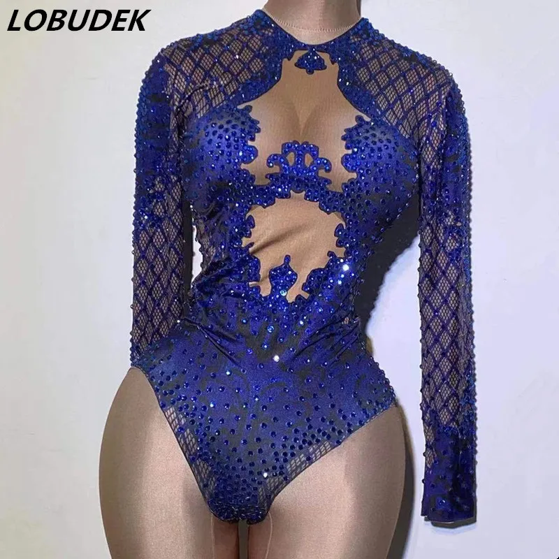 

Sexy Vintage Blue Rhinestones Bodysuit Women Stage Wear Spandex Elastic Leotard Nightclub Bar DJ Acrobatic Performance Costume