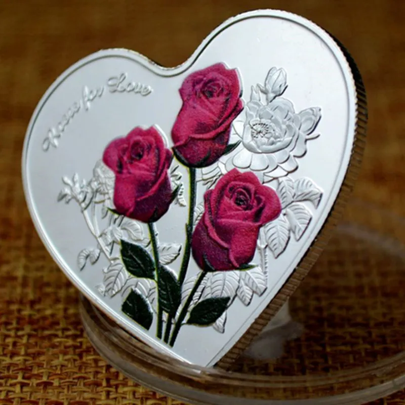 

Love Rose relief paint metal commemorative medallion coin silver coin craft coin 999 Silver Plated gift collection coin
