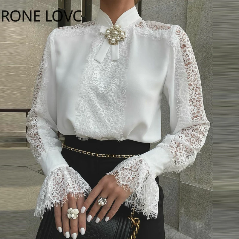 Женская однотонная элегантная кружевная Лоскутная белая блузка с полувысоким