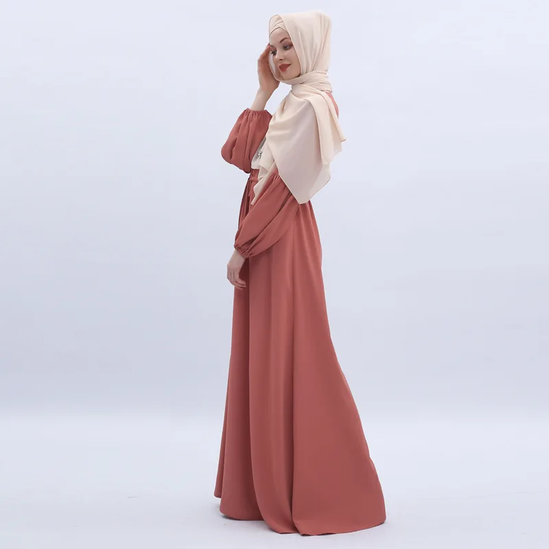 2022 New Solid Color Lantern Sleeves Elastic Cuffs Women'S Dress Muslimah Long Dress Student Dress