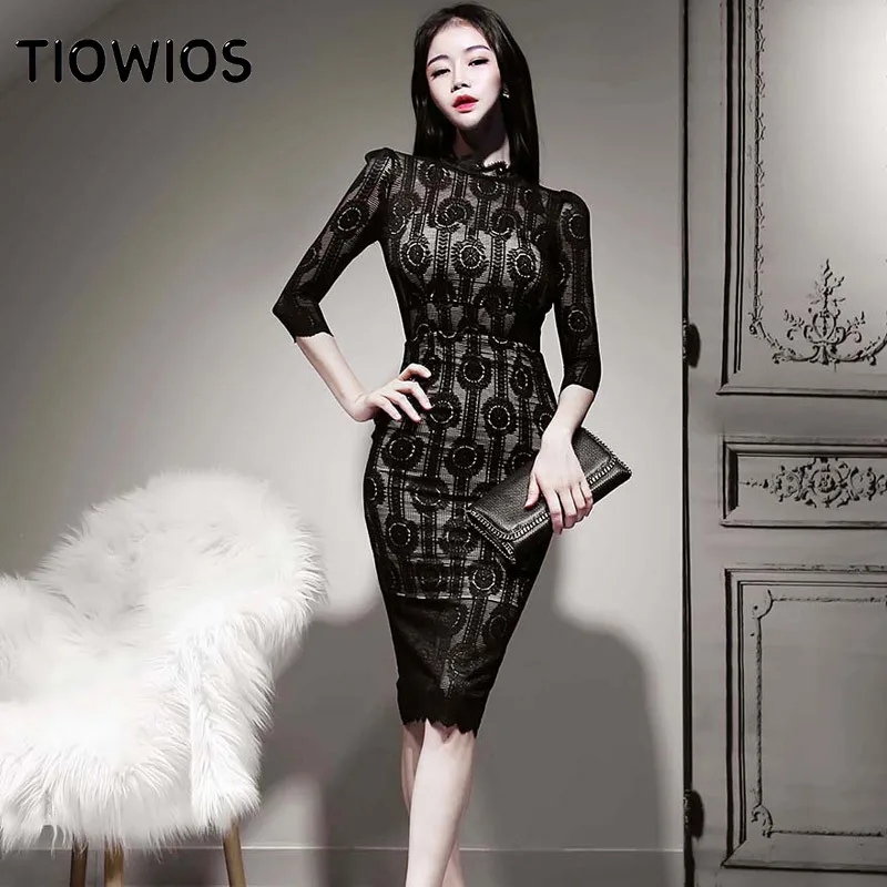 

TIOWIOS 2021 New Woman Spring Style Korean Ladies Temperament Slim Long Lace Perspective Seven-point Sleeve Hip Dress