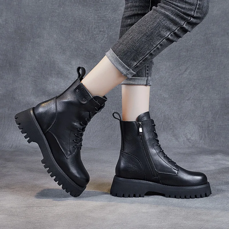 

Chunky Heel Booties Lace Up Thick Soled Ankle Martin Boots Women's Spring and Autumn Winter Zipper Platform Single Boot