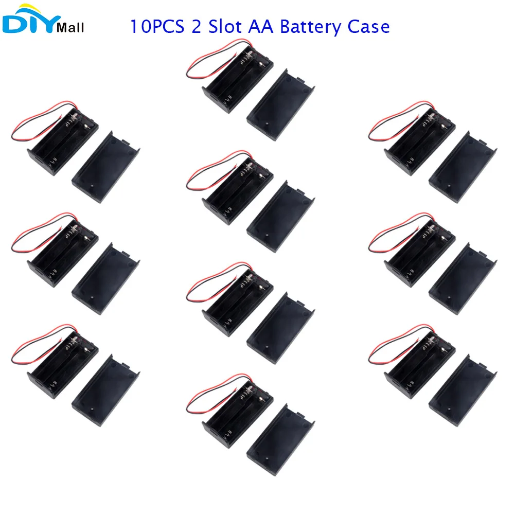 Caja de almacenamiento para 2 baterías AA, 10 piezas, 3V, negra, 2 ranuras para celdas, con cubierta para interruptor de encendido/apagado