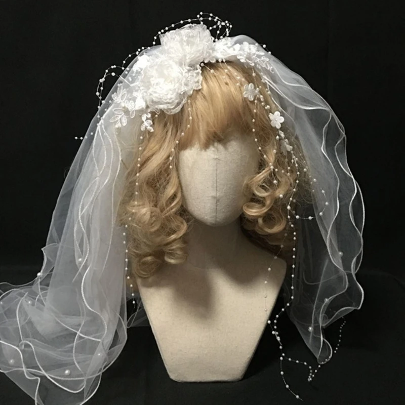 

Multi Layers Bride Wedding Veil Fairy Flower Pearl Jewelry Tulle Hair Accessory