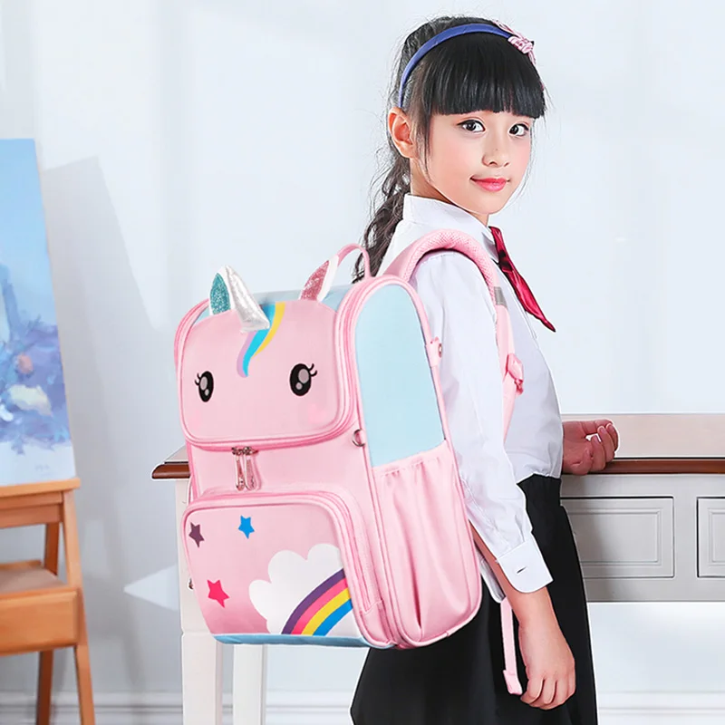 SUN EIGHT 3D Girl School Bags Cute Cartoon Children Backpacks Waterproof Bag For Kids Orthopedic Back Primary School