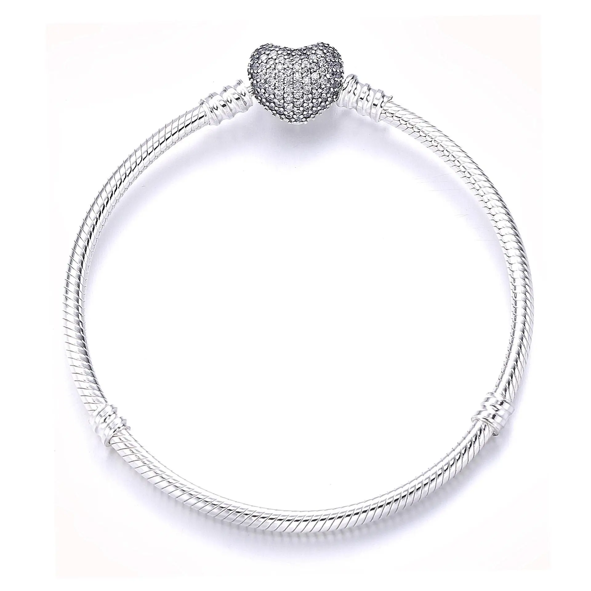 

100% 925 Sterling Silver Pan Bracelet Shiny Heart With Crystal Button Pan Bracelet Fit European Charm Bracelets Women Jewelry