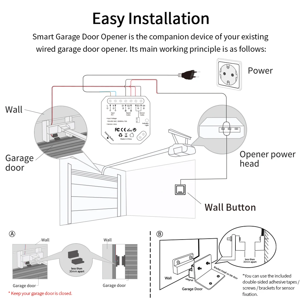 LoraTap WiFi Garage Door Sensor Controller Opener with RF Switch Tuya Smart Life Google Home Alexa Echo App Alert No Hub Needed |