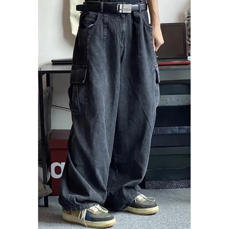 Vintage Washed Loose Oversize Wide Leg Jeans Men Cargo Pants Korean Trousers Big Pocket Baggy Pants Boyfriend Hip Hop Streetwear