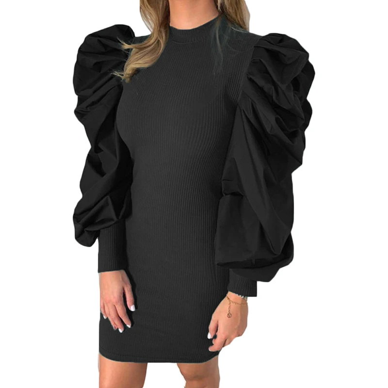

2020 Women Dress Fashion Autumn Winter Female Knitted Long Puff Sleeve Bodycon Stretch Ladies Solid Casual Party Clothing