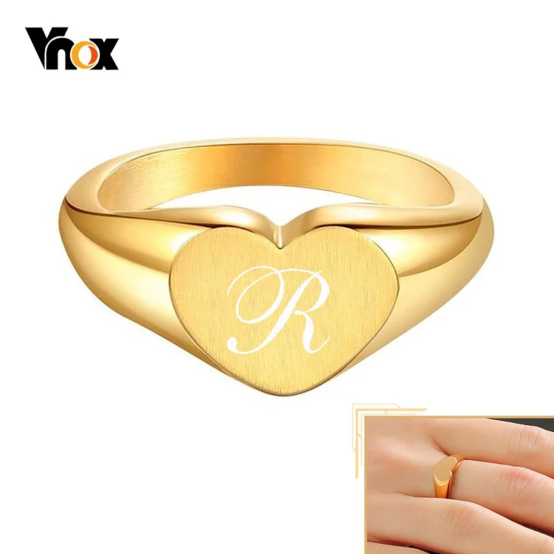 

Vnox Women's Chic Heart Love Signet Rings, Gold Tone Stainless Steel Personalized Engrave Finger Jewelry, Custom Gifts for Her