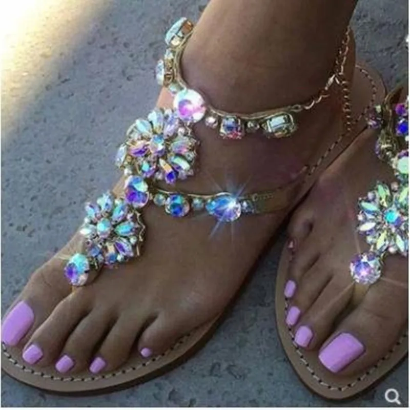 

Women's Large Size Sandals European and American Colorful Rhinestone Chain Flat Bottom Flip-Flops Summer New Sandals