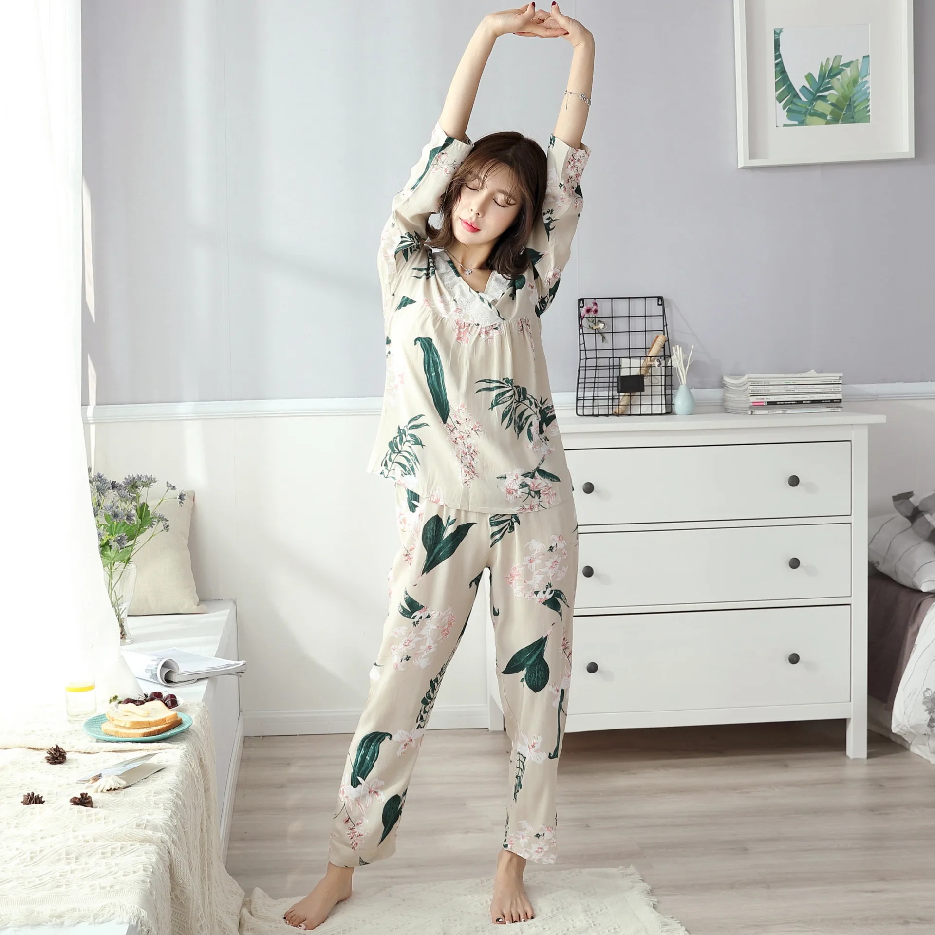 

Spring New Pajamas Suit Women Cotton Sleepwear Printed Flower Pyjamas Loose Nightwear Home Clothing Casual 2PCS Top&Pants Set