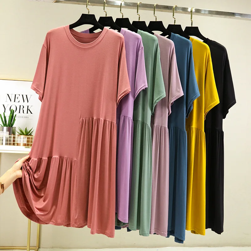 

2021 Summer New Fashion Thin Sleepwear Short Sleeve Pleated Dressing Gown Nightgown Colorful Soft Asymmetric Home Loungewear