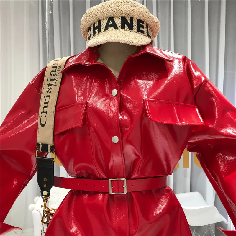 Женская куртка из искусственной кожи осень 2019 Новинка Яркое пальто средней длины