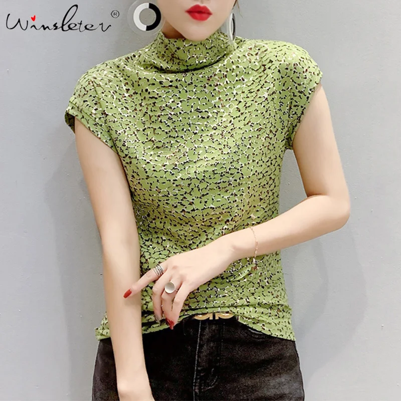 

Summer 2022 Leopard T shirt Women Hollow Out Mock Neck Sleeveless Slim Tops Tee Casual ropa mujer T02415B